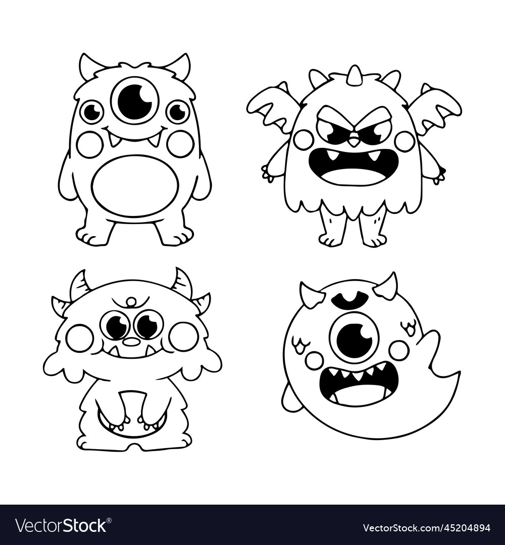 Adorable little monsters coloring page doodle vector image