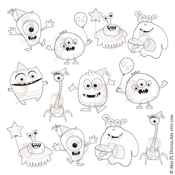 Little monsters clipart digital stamps cute monsters great for making coloring pages birthday invitations scrapbook crafts