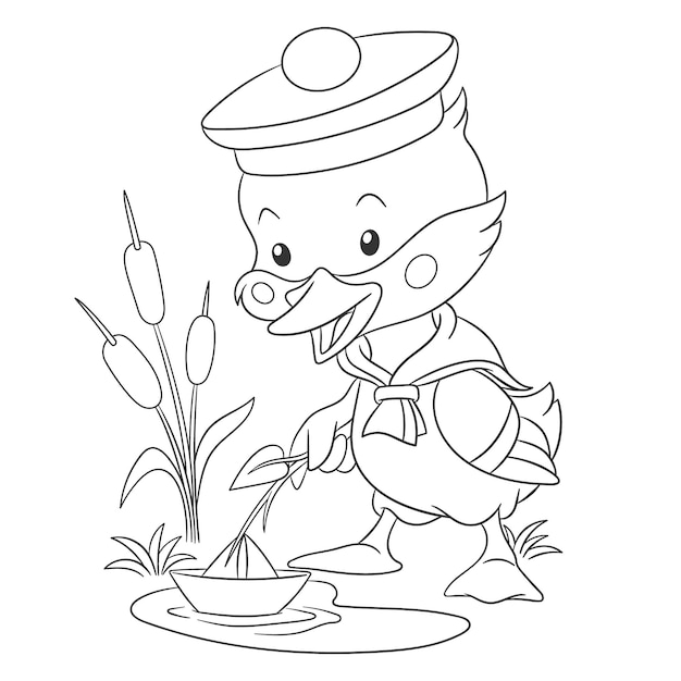 Premium vector duck playing with paper boat cartoon character coloring book page in line art style