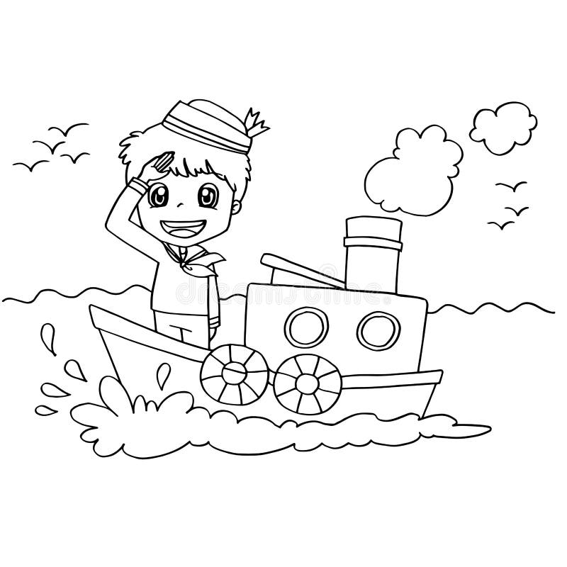 Little boy with a boat coloring page vector stock vector