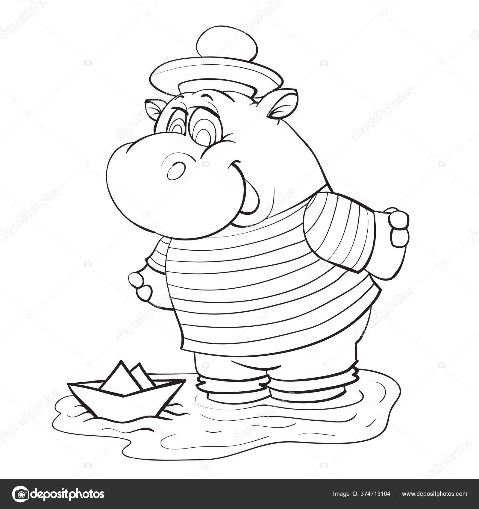 Sketch of a hippo character playing with a paper boat in a puddle coloring isolated object on a white background vector illustration stock vector by kopirin