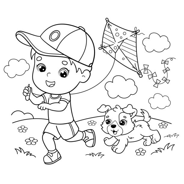 Coloring page outline of cartoon boy running with a kite with dog coloring book for kids stock illustration