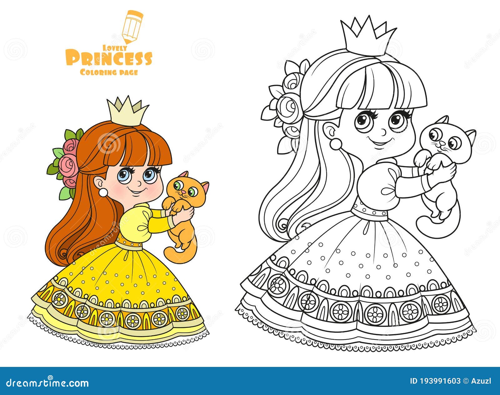 Little princess in yellow dress holds cute kitten in hands outlined and color stock vector