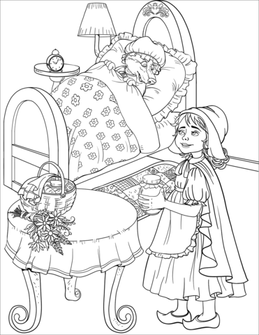 Little red riding hood looks at the wolf disguised as the grandma coloring page free printable coloring pages