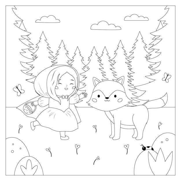 Premium vector coloring page with little red riding hood and wolf