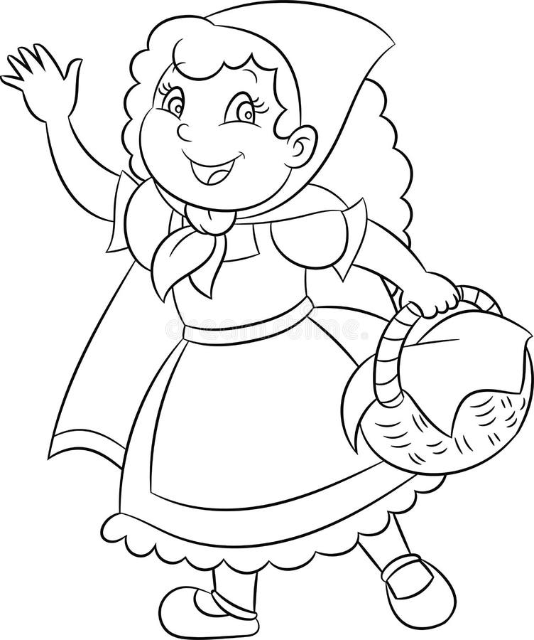 Adorable kawaii black and white illustration of little red riding hood in contour perfect for childrens coloring book stock vector