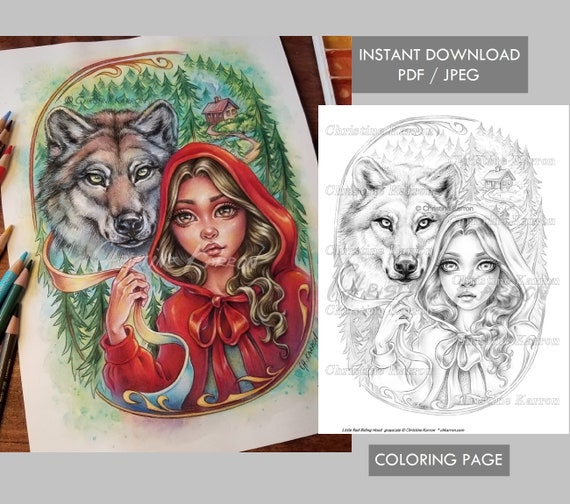 Little red riding hood wolf coloring page grayscale illustration instant download printable file jpeg and pdf download now