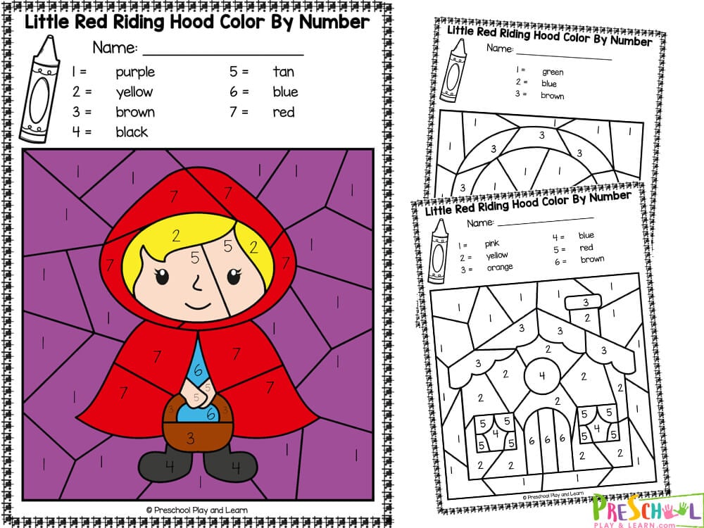 Free printable little red riding hood color by number worksheets