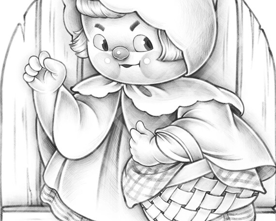 Little red riding hood grayscale coloring page for adult children illustration pdf cute fairy tale scenery coloring page children book