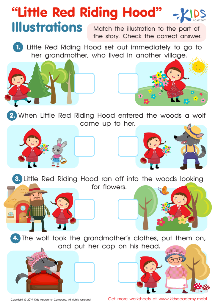 Little red riding hood illustrations practice worksheet for kids