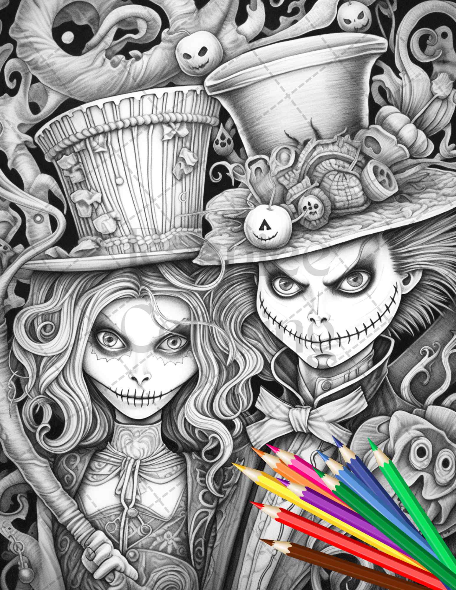 Scary scarecrows grayscale coloring pages printable for adults hal â coloring