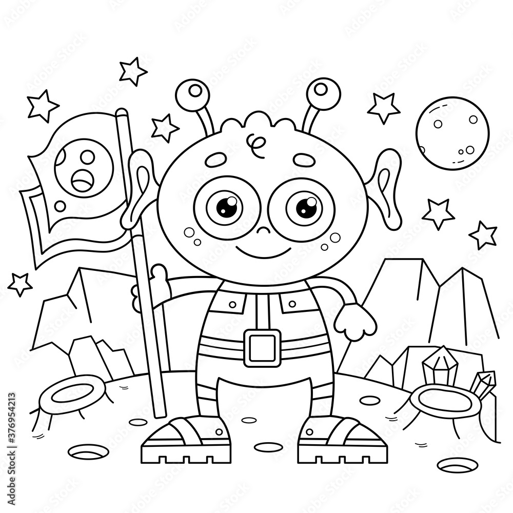 Coloring page outline of a cartoon little alien with flag on planet space coloring book for kids vector