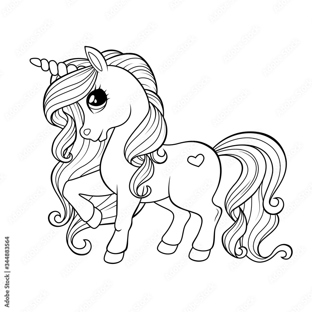 Cute little unicorn black and white illustration for coloring book vector