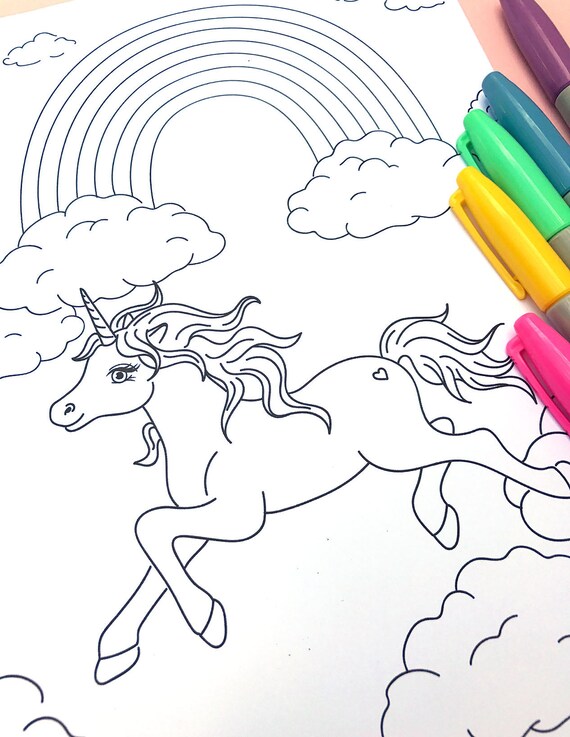 Printable unicorn coloring page digital file instant download rainbow clouds magical pegasus little girl party favor activity