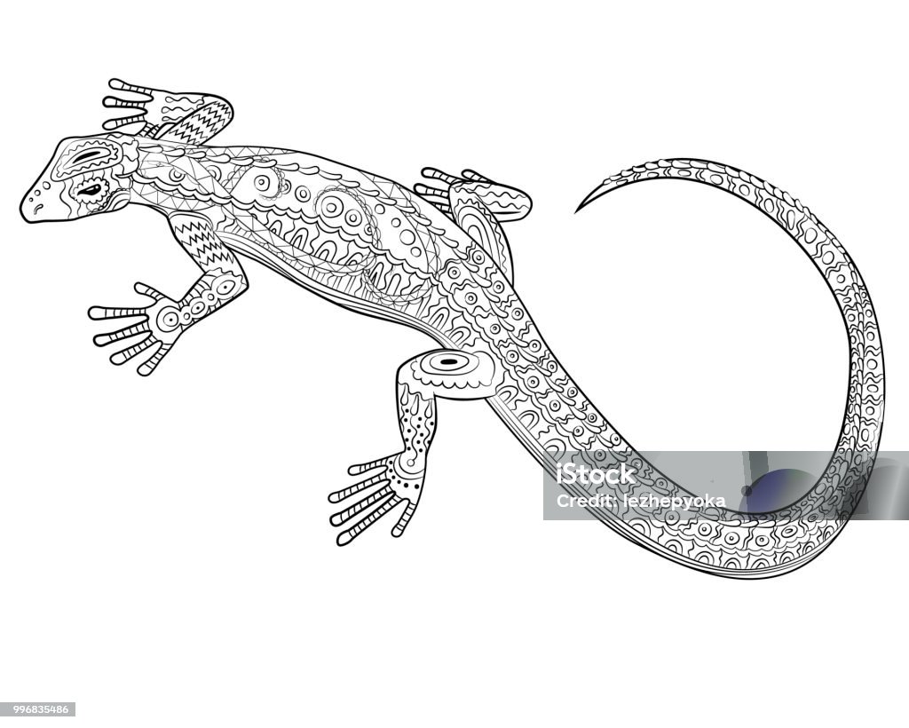 Coloring page with lizard in patterned style stock illustration