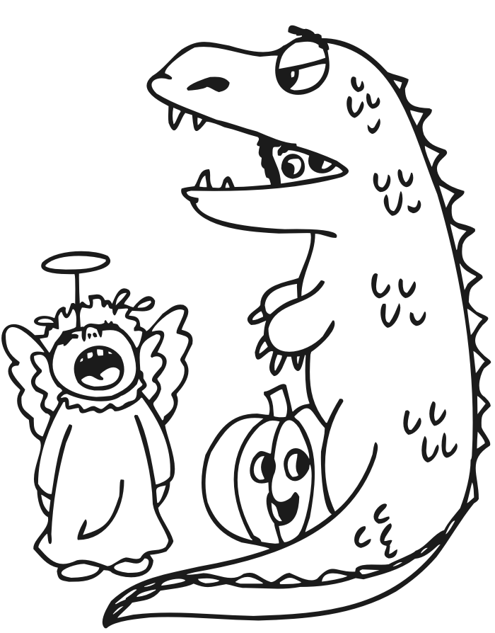 Halloween coloring page lizard and angel costumes