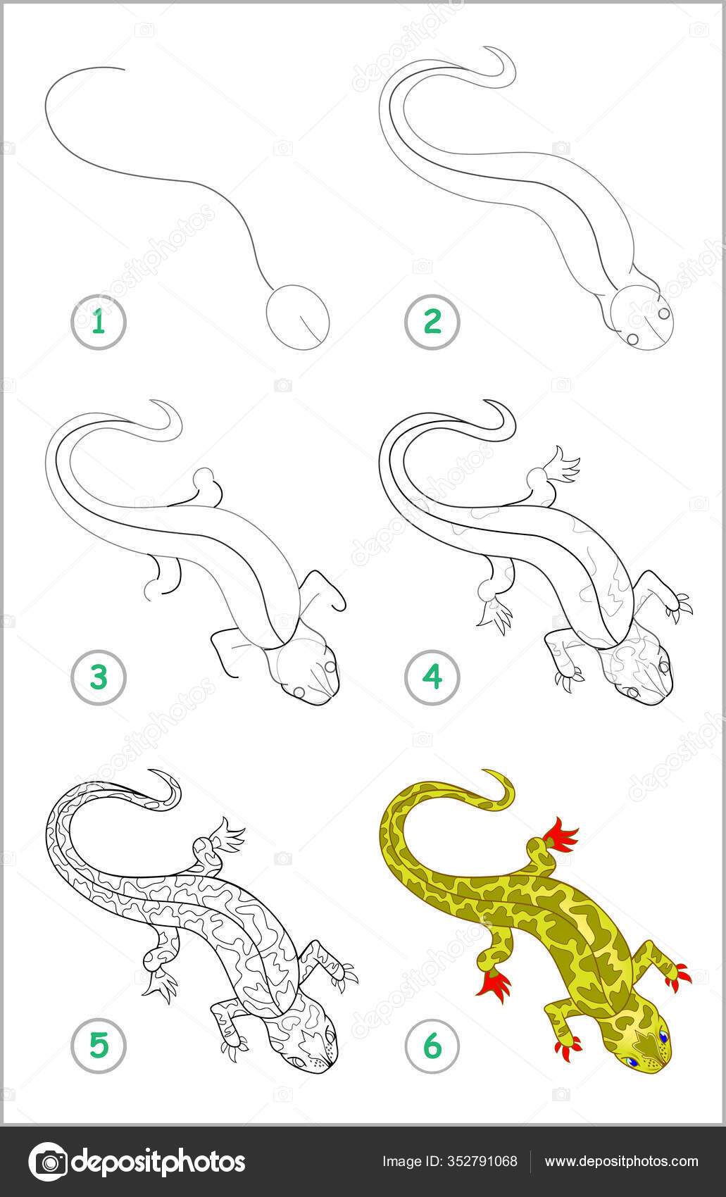 How draw step step cute little lizard educational page kids stock vector by nataljacernecka