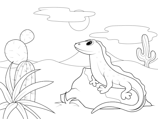 Premium vector lizard in the desert sits on a stone children coloring book