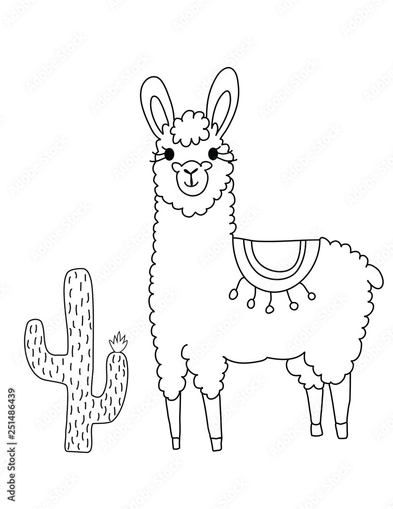 Llama cute coloring page vector