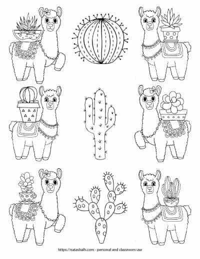 Adorable llama and cactus pattern coloring page