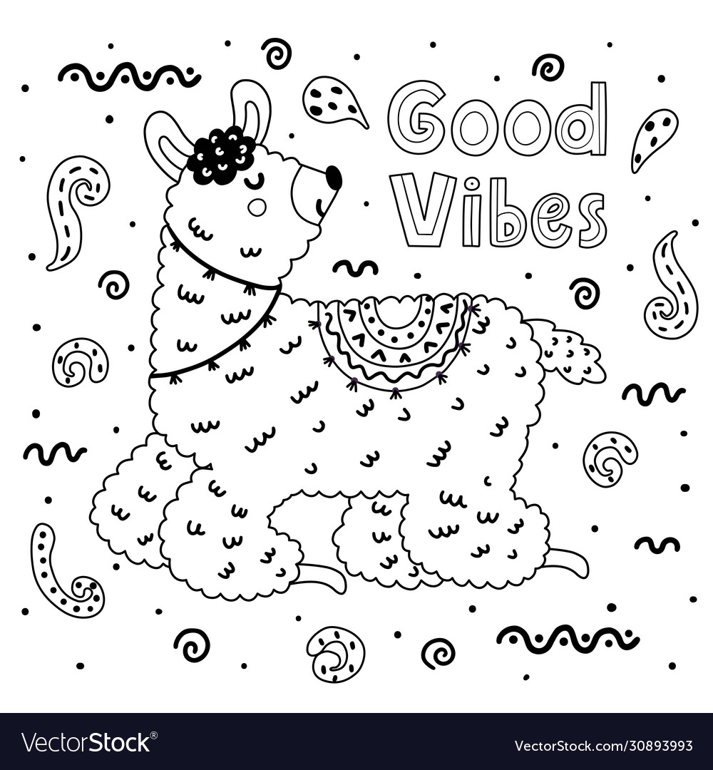 Coloring page with cute llama black and white vector image