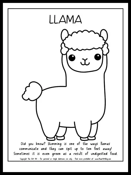 Free printable baby llama coloring page â the art kit