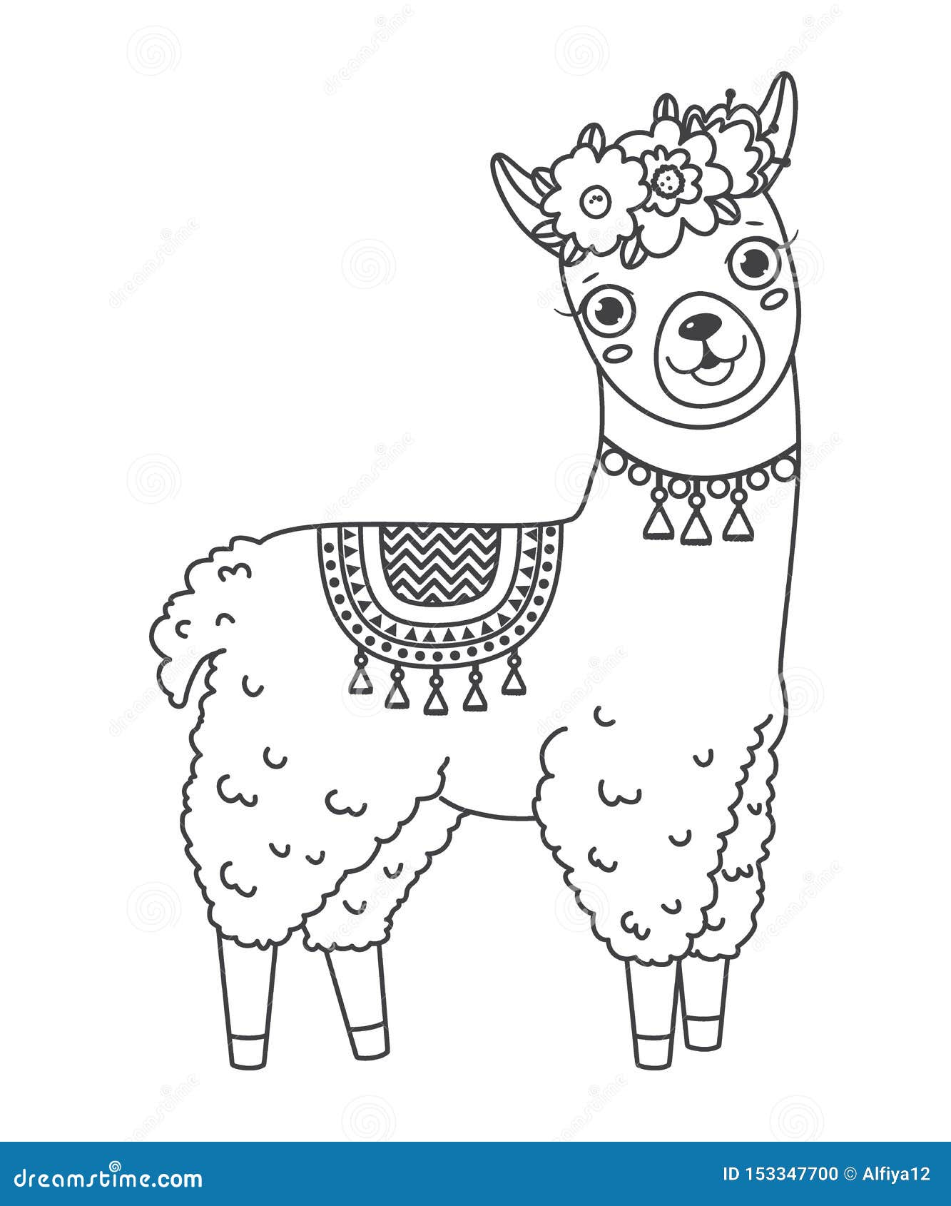 Cute outline doodle jumping llama with hand drawn elements stock vector