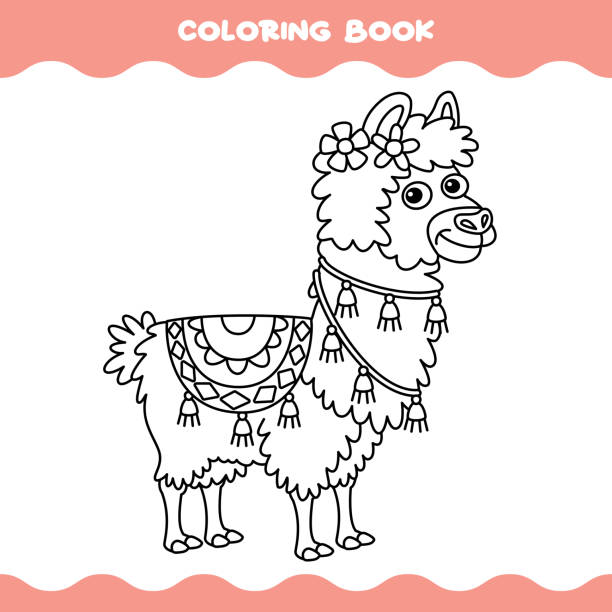 Coloring page with cartoon llama stock illustration