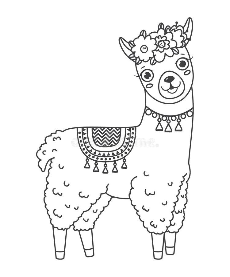 Cute outline doodle jumping llama with hand drawn elements stock vector