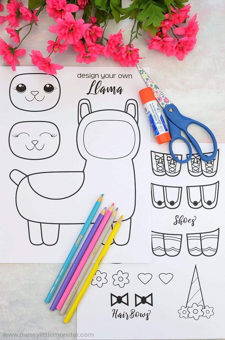 Mix and match llama coloring page craft