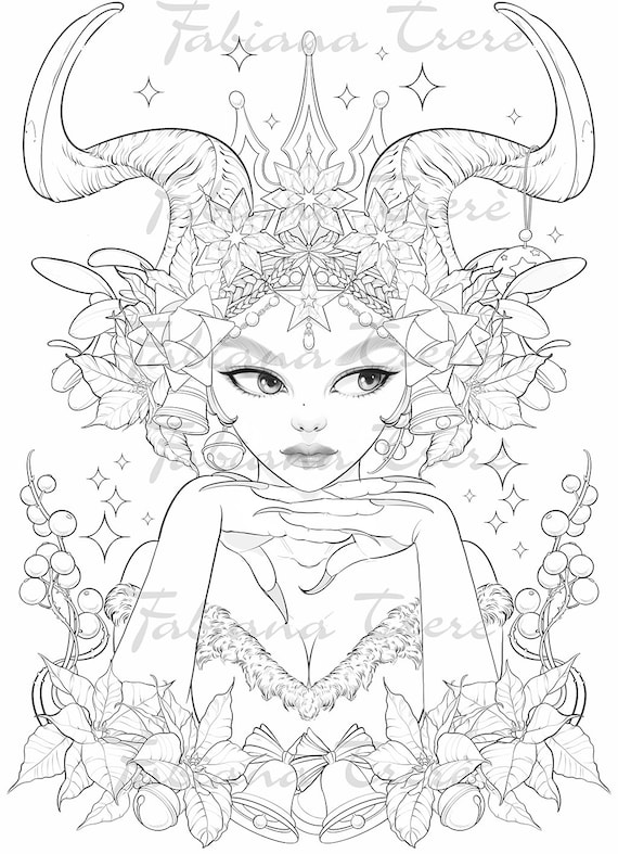 Krampus princess fantasy christmas coloring page grayscale line art digital stamp instant download coloring page for adults