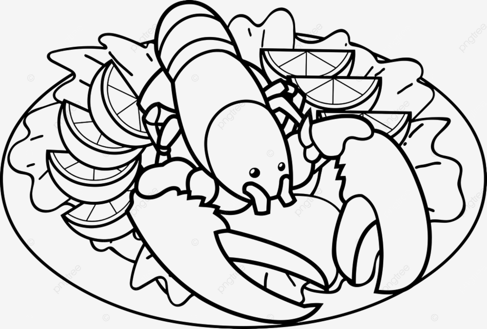 Outlined cartoon whole boiled lobster on dish over leaf salad and lemon slices car drawing cartoon drawing leaf drawing png and vector with transparent background for free download