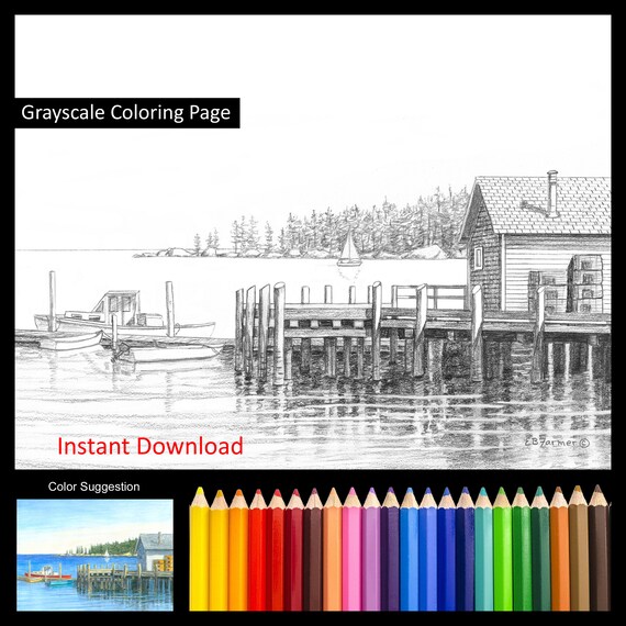 Fishing pier lobster pot boat seascape coloring pages winstructions for both x and x sizes digital download printable adult and kids