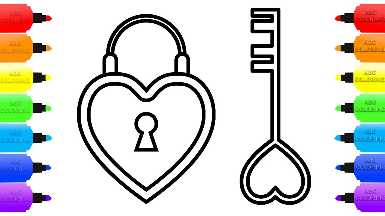 Heart lock and key coloring pages for kids how to draw lock and key for children learn colors