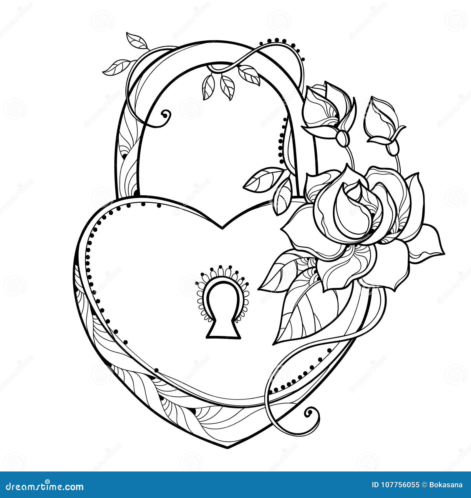 Vector drawing of lock heart with outline ornate roses leaf and bud in black isolated on white background stock vector