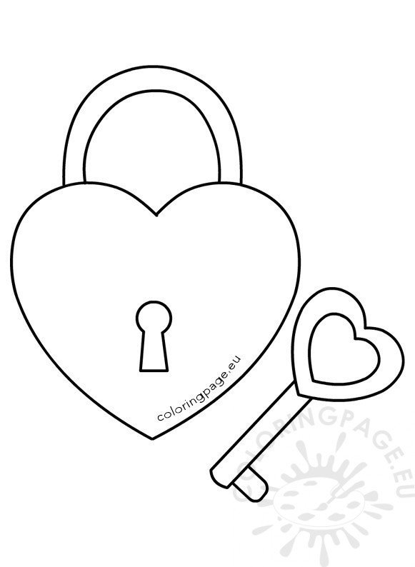 Heart shaped padlock and key coloring page