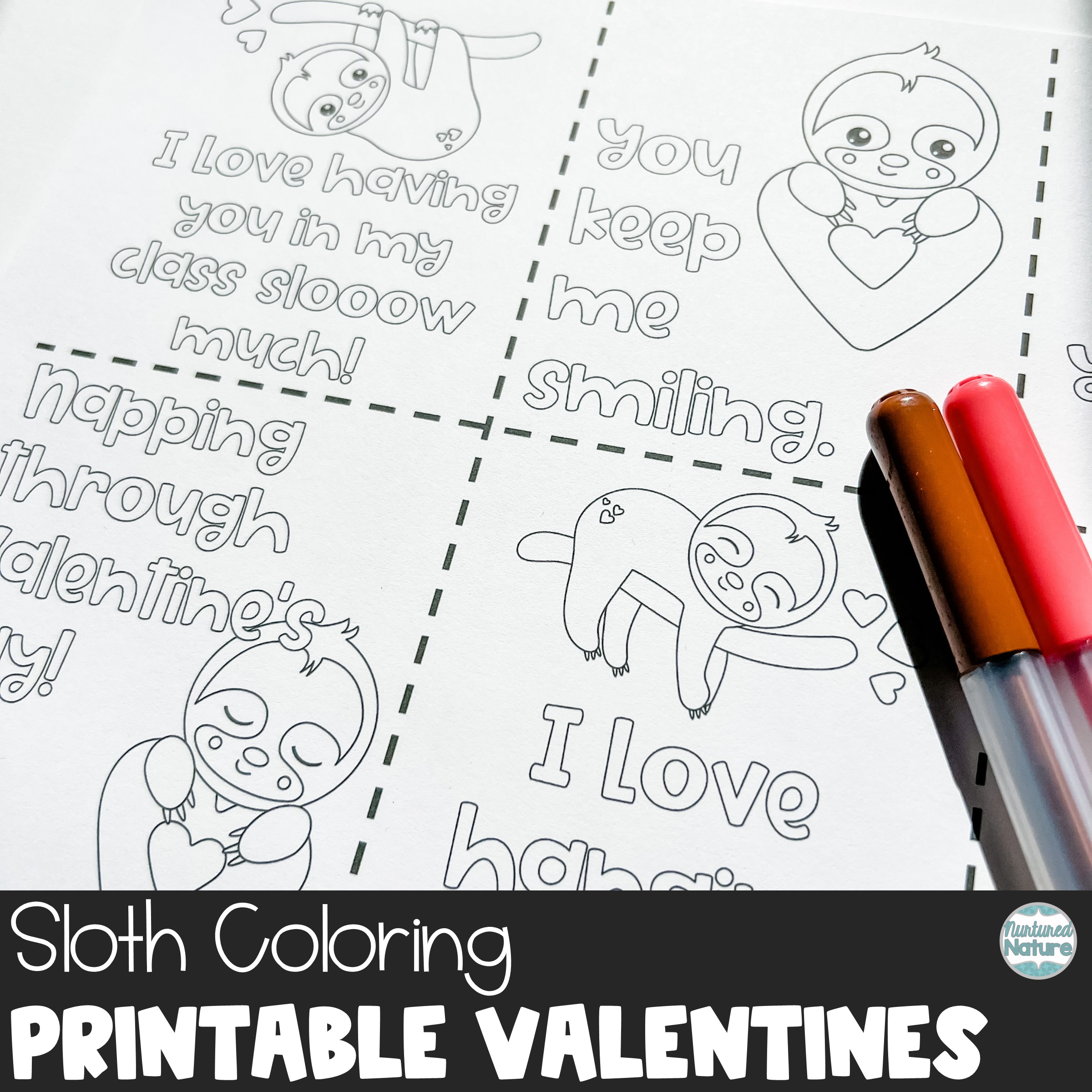 Sloth coloring valentines day cards for students made by teachers