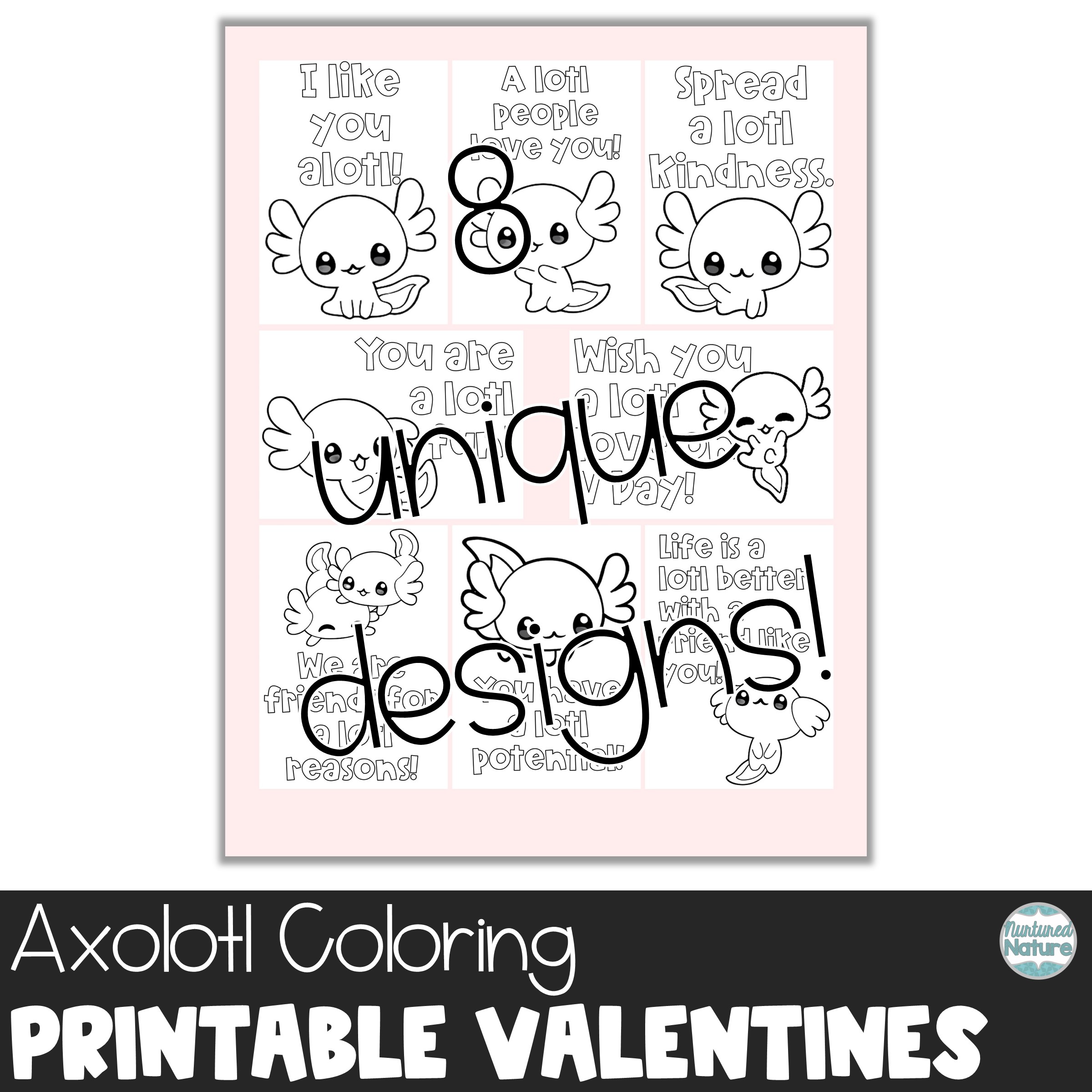 Axolotl coloring valentines day cards printable made by teachers