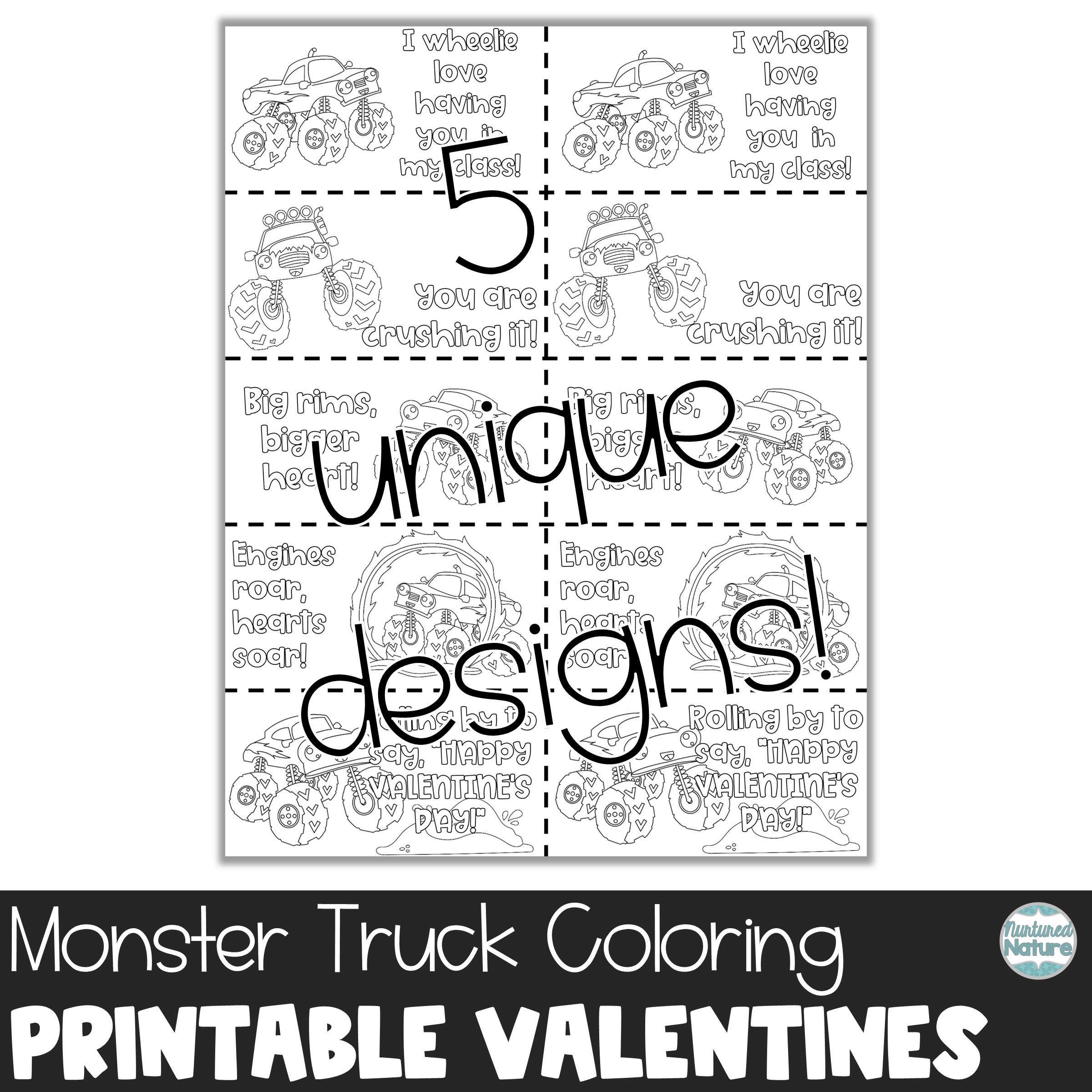 Monster truck coloring valentines day cards for students made by teachers