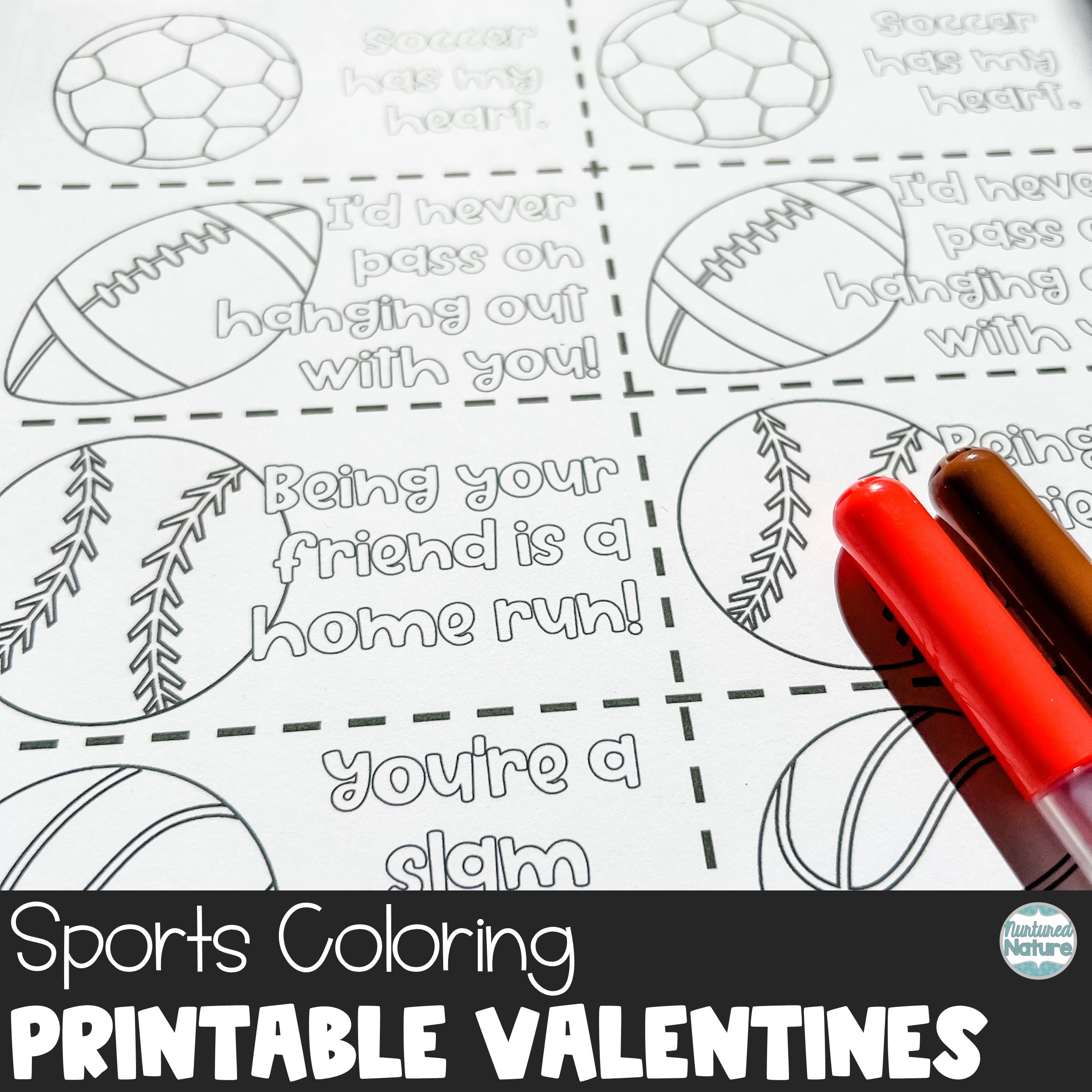 Sports coloring valentines day cards for students made by teachers