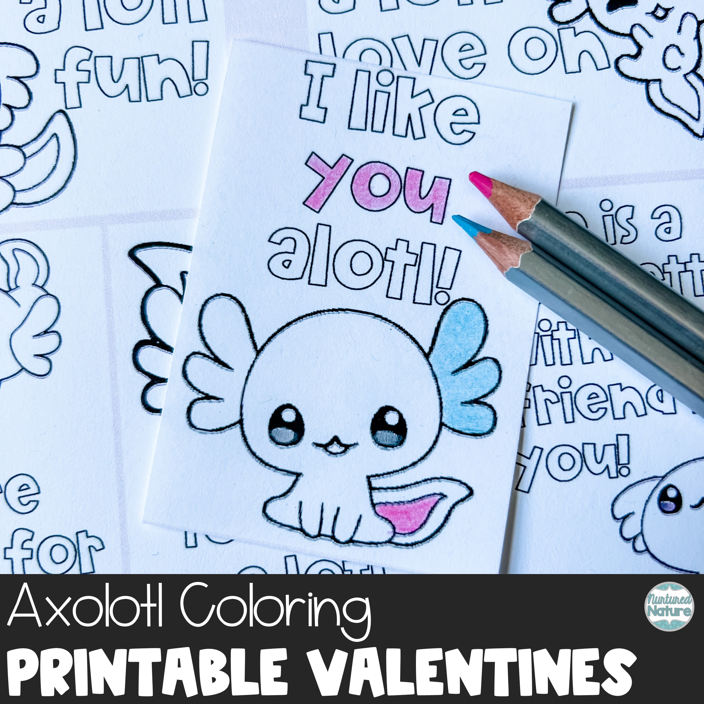 Axolotl coloring valentines day cards printable made by teachers