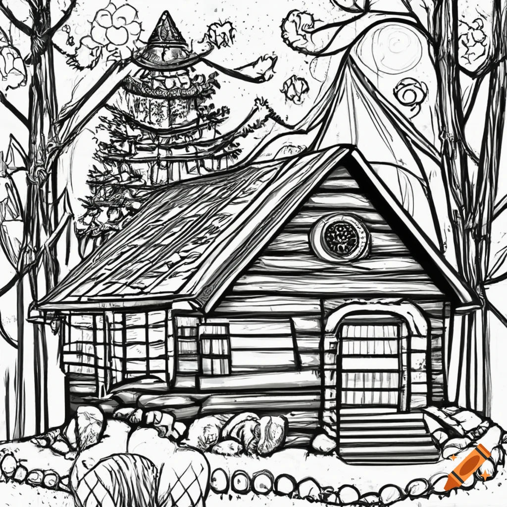 Cabin in woods in coloring book style on