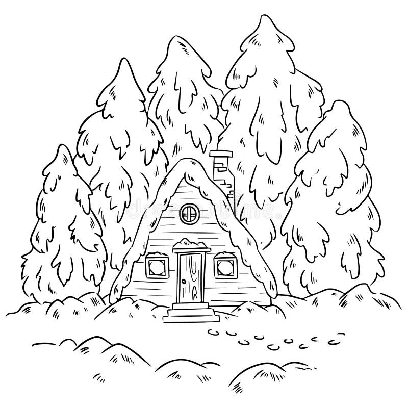 Winter cabin log scene for coloring vector hand