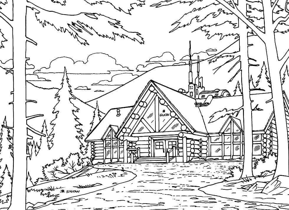 Mountain house landscape coloring page