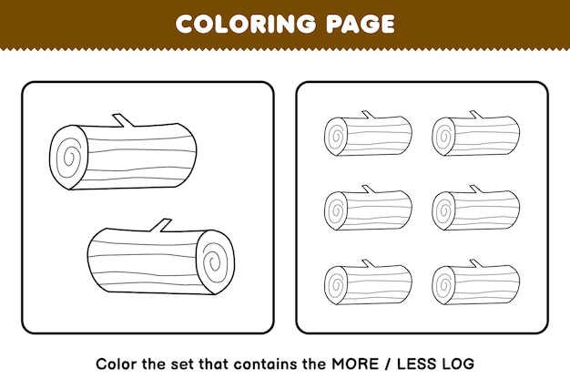 Premium vector education game for children coloring page more or less picture of cute cartoon wood log line art set printable farm worksheet