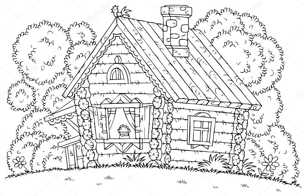 Coloring page outline of a chicken atop a log cabin stock illustration by alexbannykh