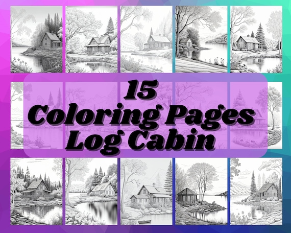 Coloring pages for adult coloring templates grayscale coloring book digital wall art grayscale page for instant download cabin log