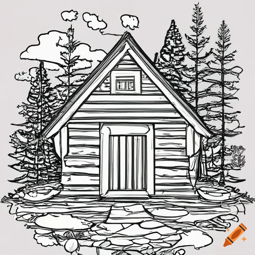 Cabin in woods in coloring book style on
