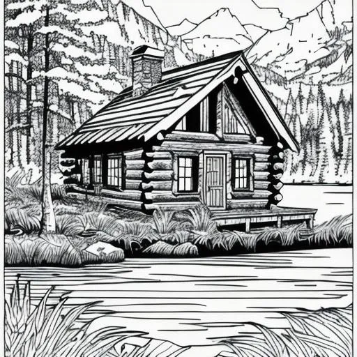 Black and white coloring page of a cabin in the wood