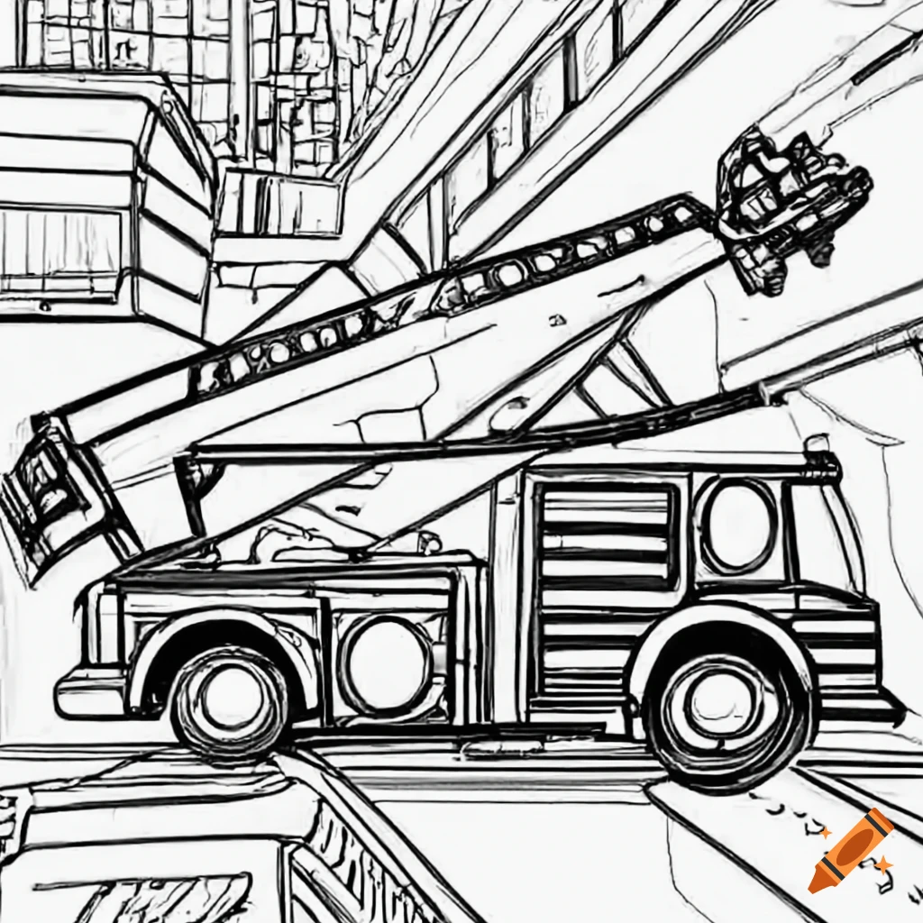 Coloring page for kids fire truck in city low detail thick lines black and white